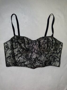 Vintage Contempo Casuals Black Metallic Paisley Lace Bustier Crop Top Size L